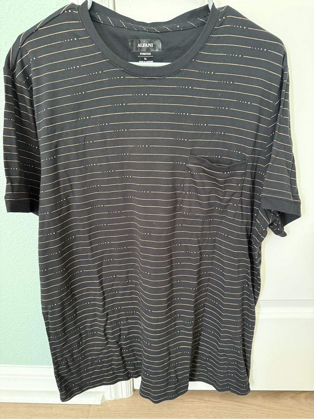 Alfani Black Tee with Thin Gold Stripe and Chest Pocket